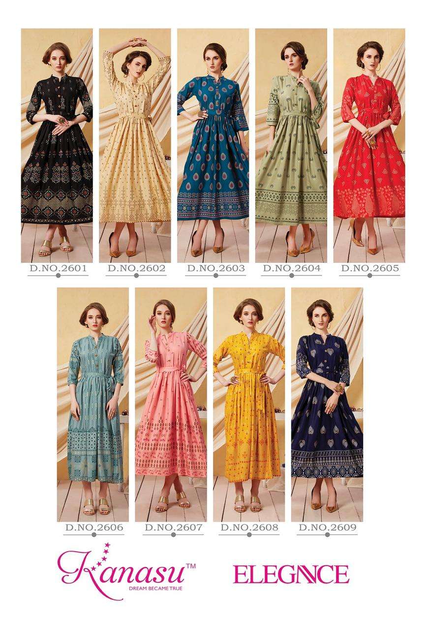 KANASU LAUNCH ELEGANCE RAYON GOLD PRINT LONG KURTI WHOLESALE RATE IN SURAT TEXTILE MARKET