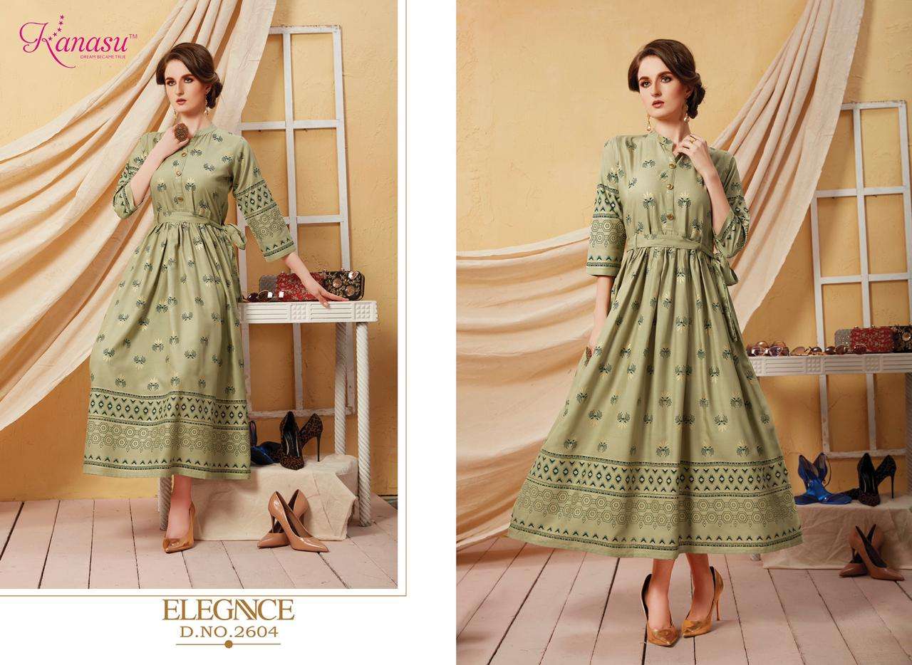 KANASU LAUNCH ELEGANCE RAYON GOLD PRINT LONG KURTI WHOLESALE RATE IN SURAT TEXTILE MARKET