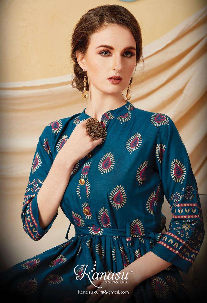 KANASU LAUNCH ELEGANCE RAYON GOLD PRINT LONG KURTI WHOLESALE RATE IN SURAT TEXTILE MARKET