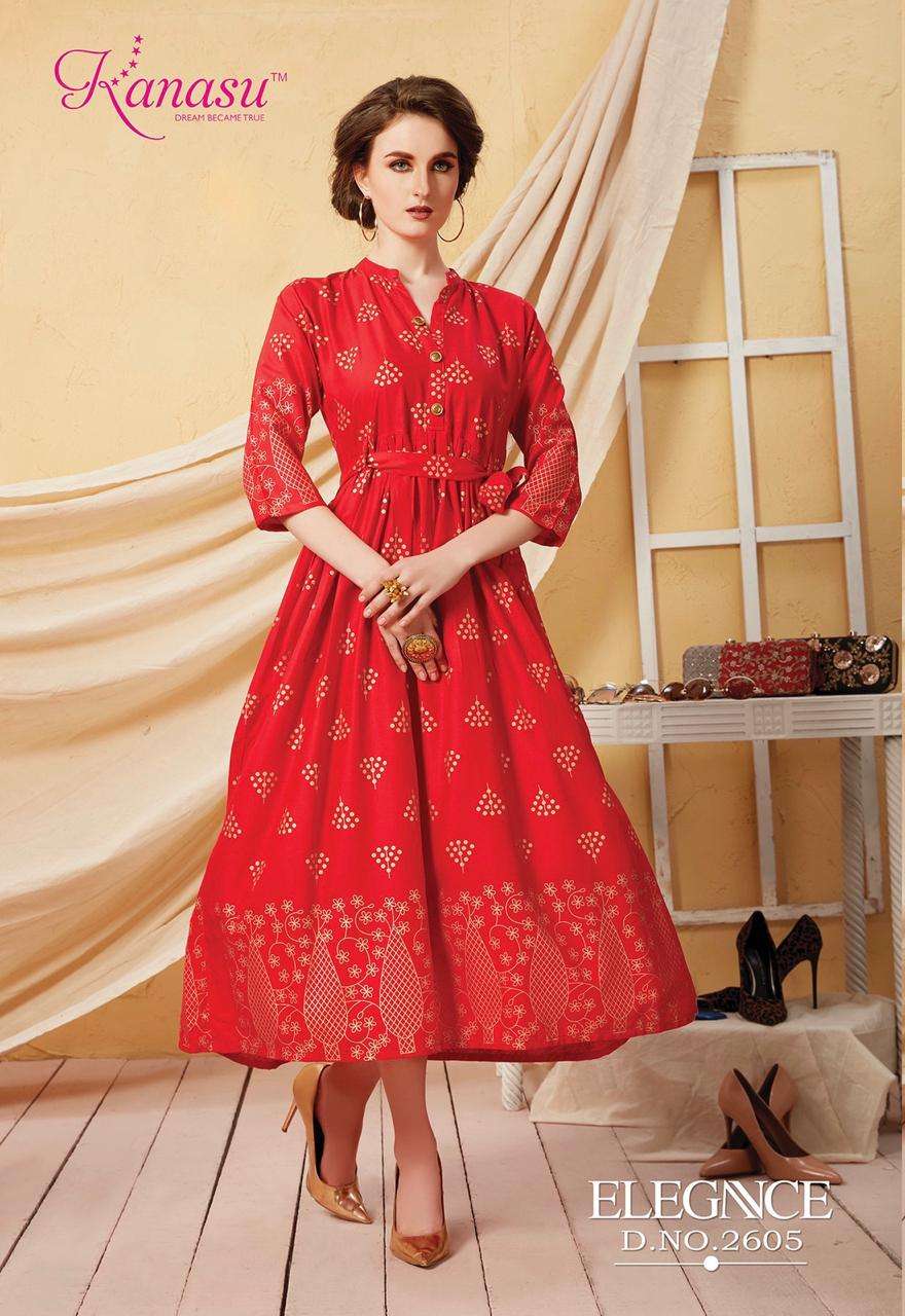 KANASU LAUNCH ELEGANCE RAYON GOLD PRINT LONG KURTI WHOLESALE RATE IN SURAT TEXTILE MARKET