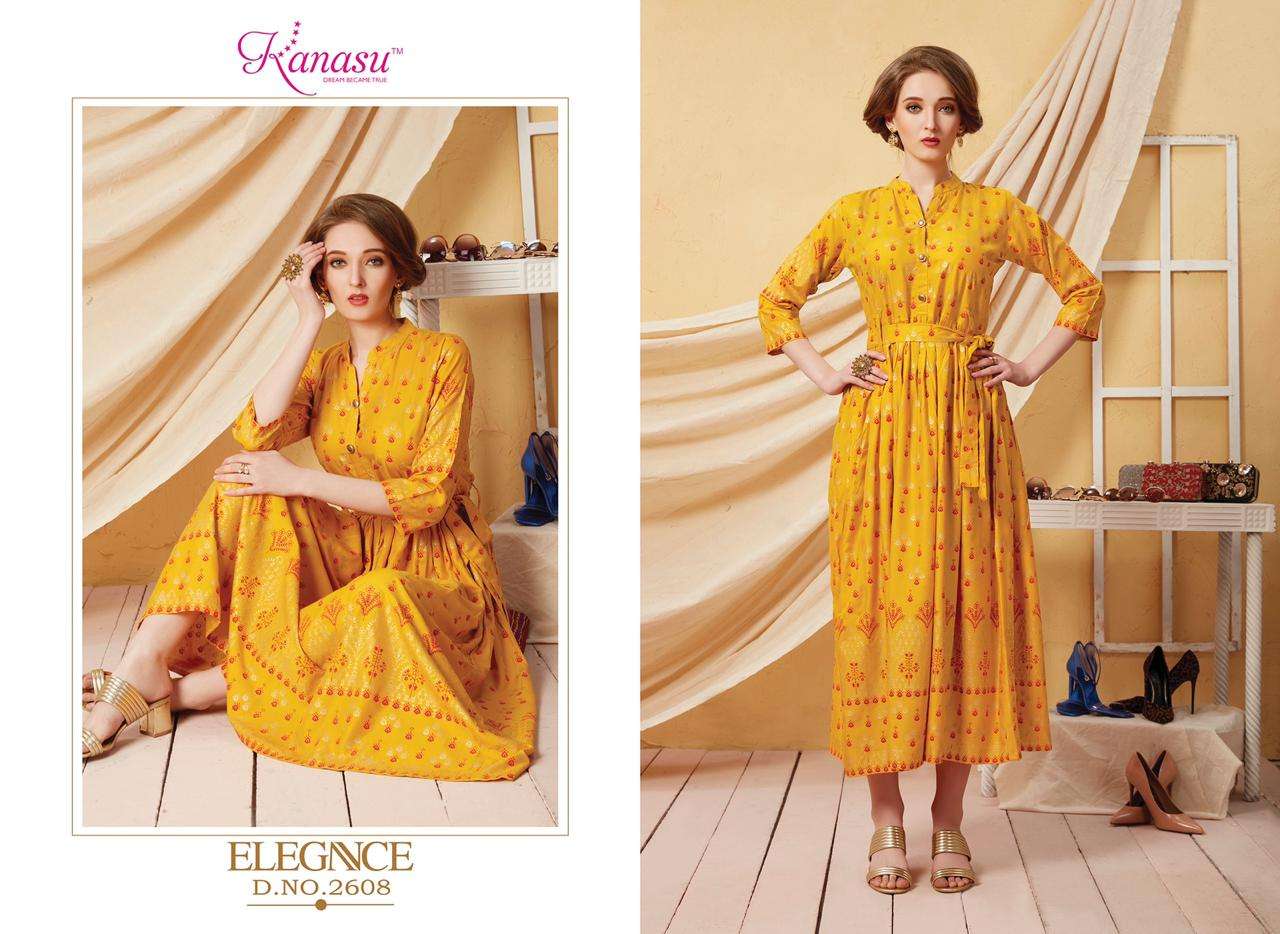 KANASU LAUNCH ELEGANCE RAYON GOLD PRINT LONG KURTI WHOLESALE RATE IN SURAT TEXTILE MARKET