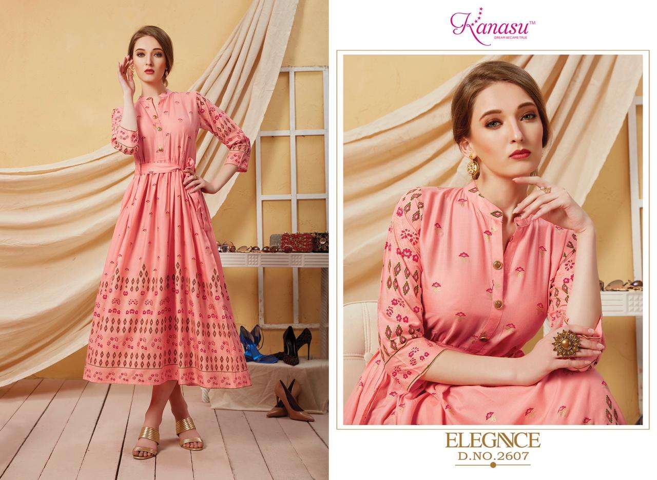 KANASU LAUNCH ELEGANCE RAYON GOLD PRINT LONG KURTI WHOLESALE RATE IN SURAT TEXTILE MARKET