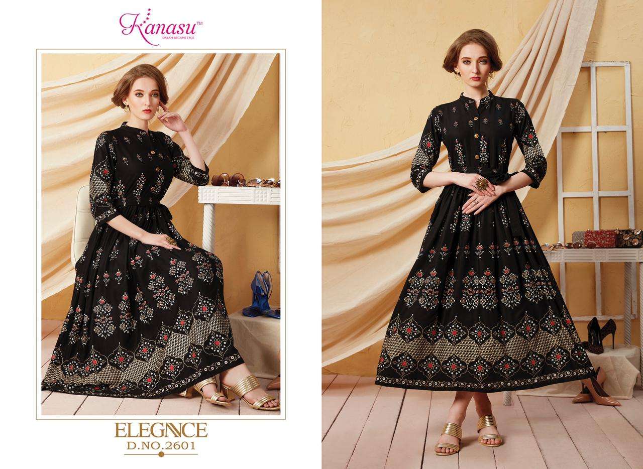 KANASU LAUNCH ELEGANCE RAYON GOLD PRINT LONG KURTI WHOLESALE RATE IN SURAT TEXTILE MARKET