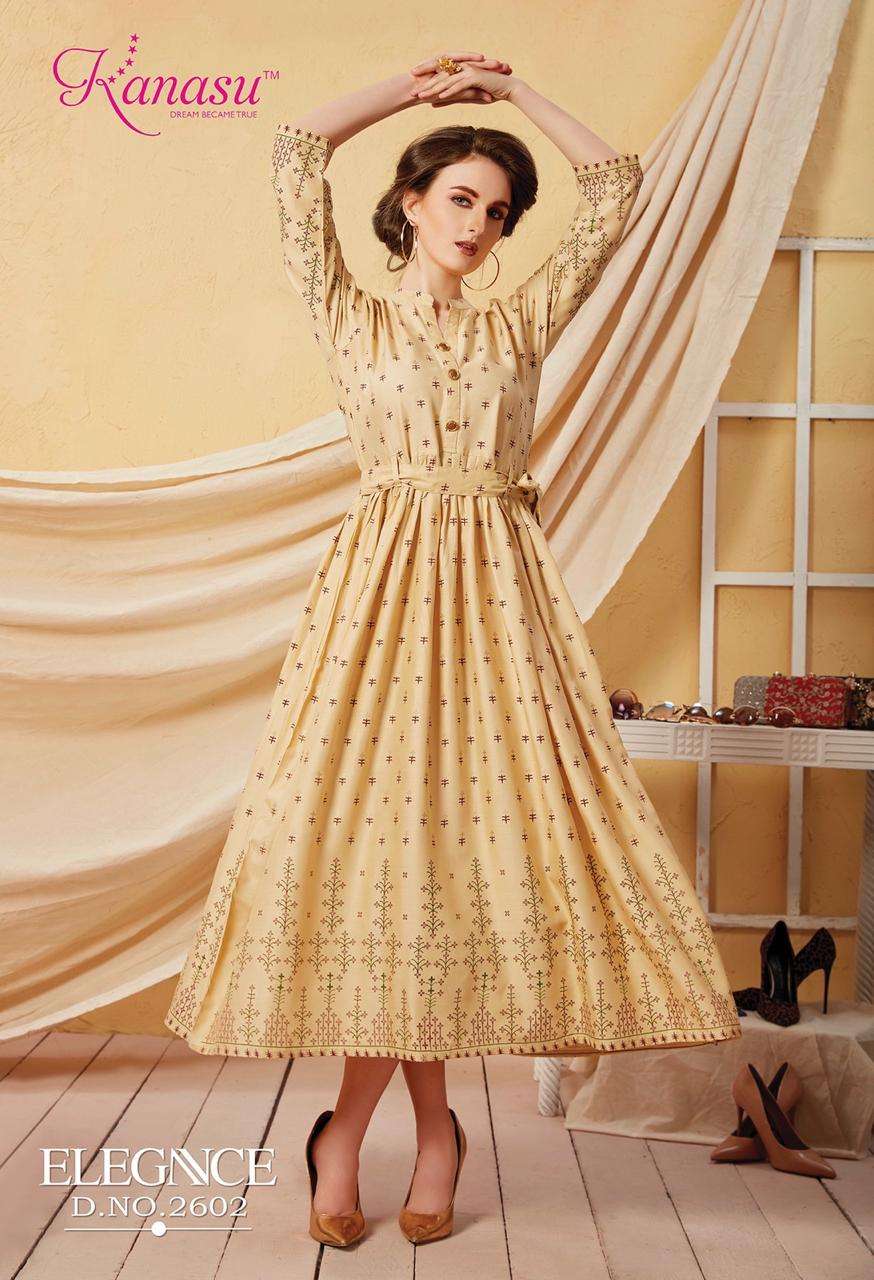 KANASU LAUNCH ELEGANCE RAYON GOLD PRINT LONG KURTI WHOLESALE RATE IN SURAT TEXTILE MARKET