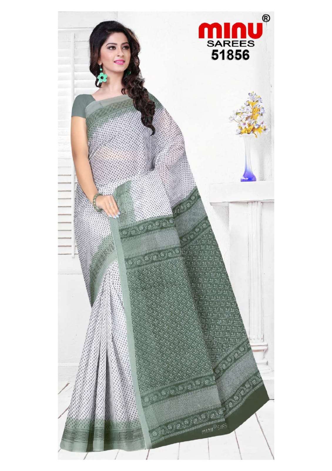 Minu RANJANA WHITE BOOTY Cotton Printed Saree-10P Catalog