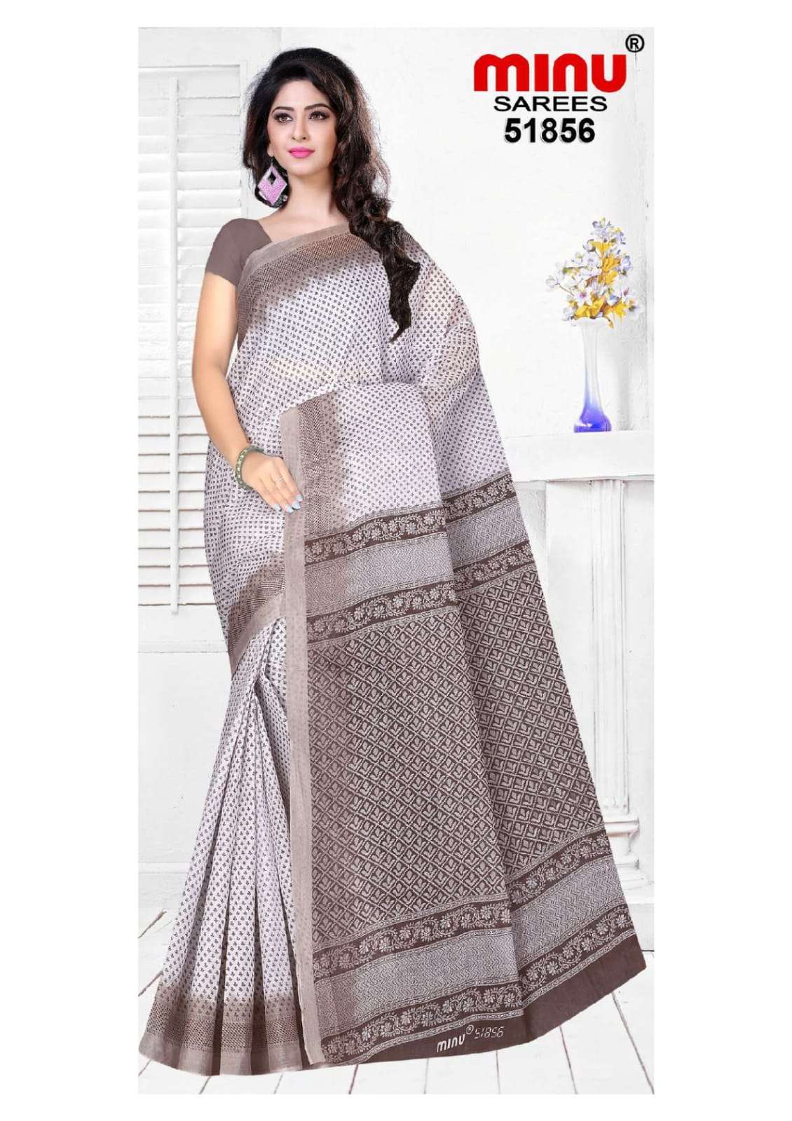 Minu RANJANA WHITE BOOTY Cotton Printed Saree-10P Catalog