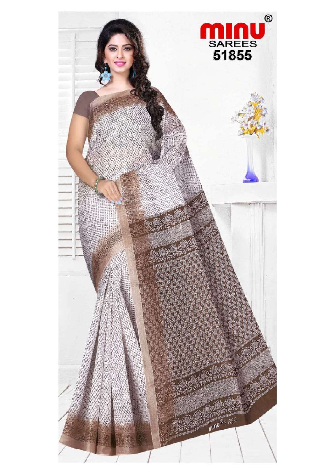 Minu RANJANA WHITE BOOTY Cotton Printed Saree-10P Catalog