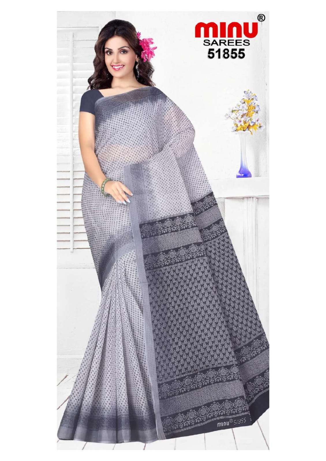 Minu RANJANA WHITE BOOTY Cotton Printed Saree-10P Catalog