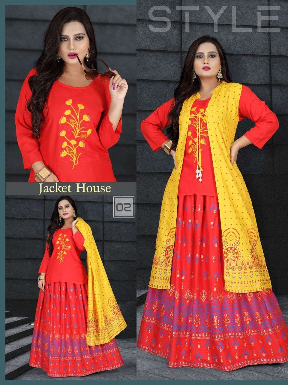  NEW JACKET HOUSE VOL.7 RAYON 14 KG BLOCK WORK JACKET WITH EMBROIDERED KURTI AND BLOCK WORK SHARARA KURTI CATALOG WHOLESALER BEST RATE