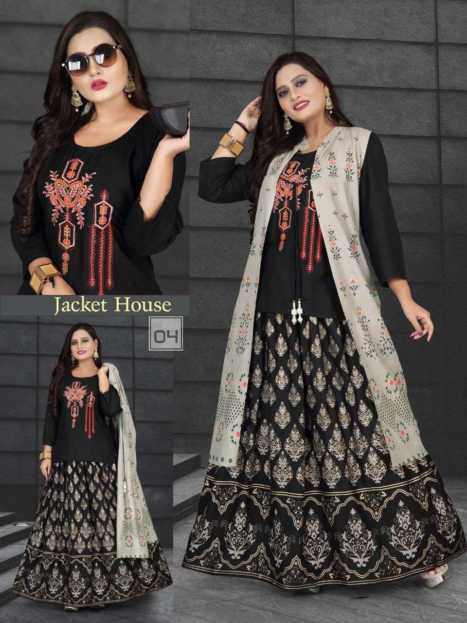  NEW JACKET HOUSE VOL.7 RAYON 14 KG BLOCK WORK JACKET WITH EMBROIDERED KURTI AND BLOCK WORK SHARARA KURTI CATALOG WHOLESALER BEST RATE