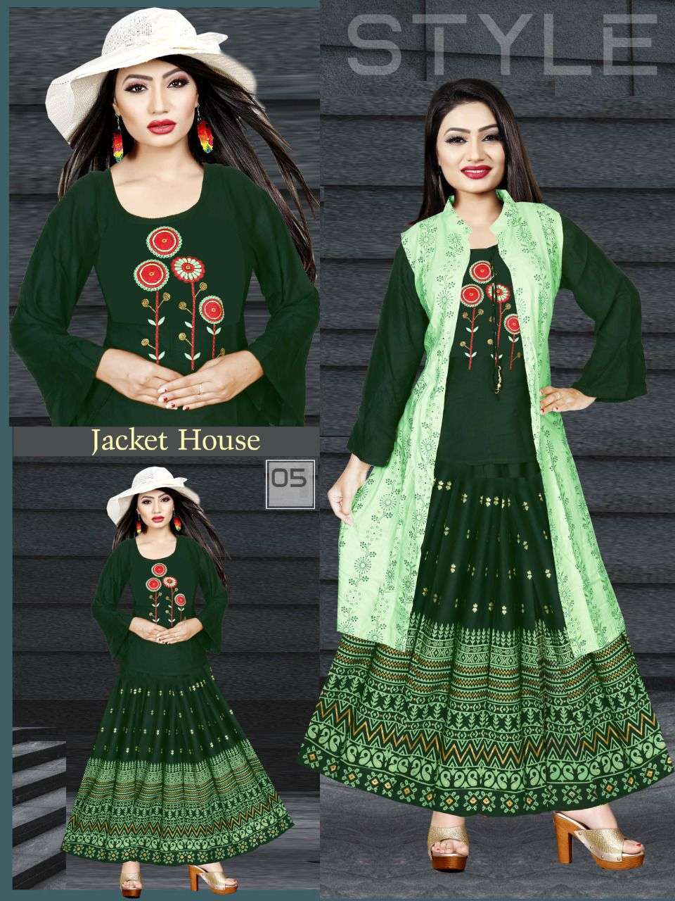  NEW JACKET HOUSE VOL.7 RAYON 14 KG BLOCK WORK JACKET WITH EMBROIDERED KURTI AND BLOCK WORK SHARARA KURTI CATALOG WHOLESALER BEST RATE