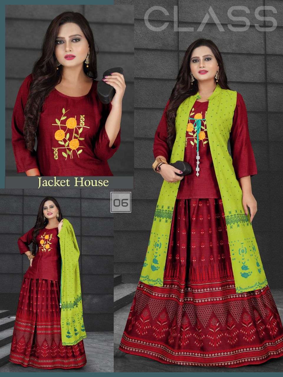  NEW JACKET HOUSE VOL.7 RAYON 14 KG BLOCK WORK JACKET WITH EMBROIDERED KURTI AND BLOCK WORK SHARARA KURTI CATALOG WHOLESALER BEST RATE