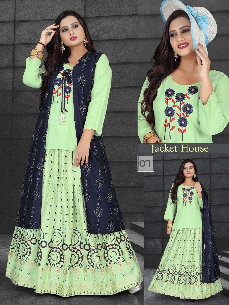  NEW JACKET HOUSE VOL.7 RAYON 14 KG BLOCK WORK JACKET WITH EMBROIDERED KURTI AND BLOCK WORK SHARARA KURTI CATALOG WHOLESALER BEST RATE