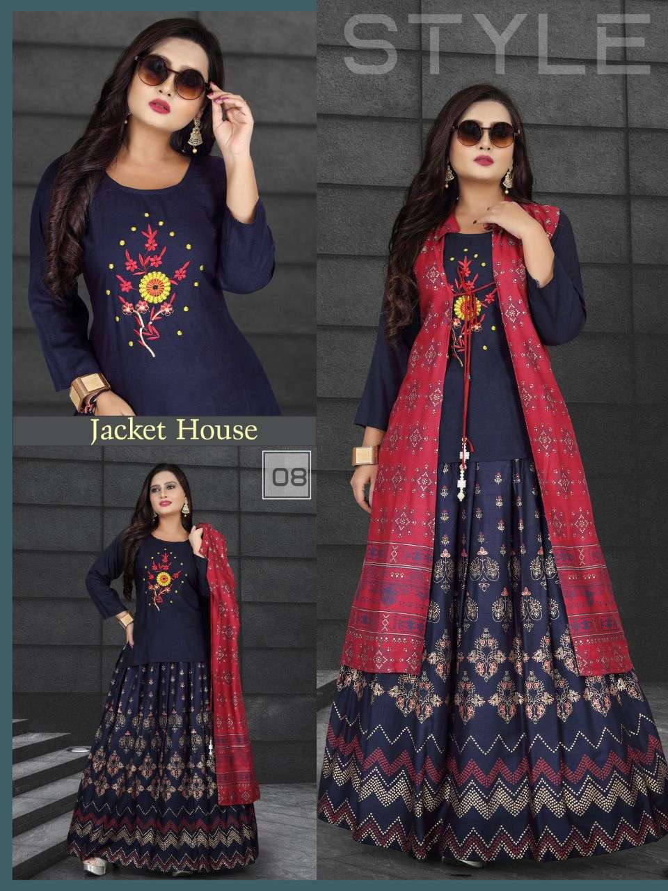  NEW JACKET HOUSE VOL.7 RAYON 14 KG BLOCK WORK JACKET WITH EMBROIDERED KURTI AND BLOCK WORK SHARARA KURTI CATALOG WHOLESALER BEST RATE