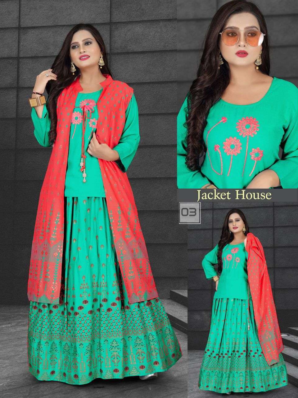  NEW JACKET HOUSE VOL.7 RAYON 14 KG BLOCK WORK JACKET WITH EMBROIDERED KURTI AND BLOCK WORK SHARARA KURTI CATALOG WHOLESALER BEST RATE