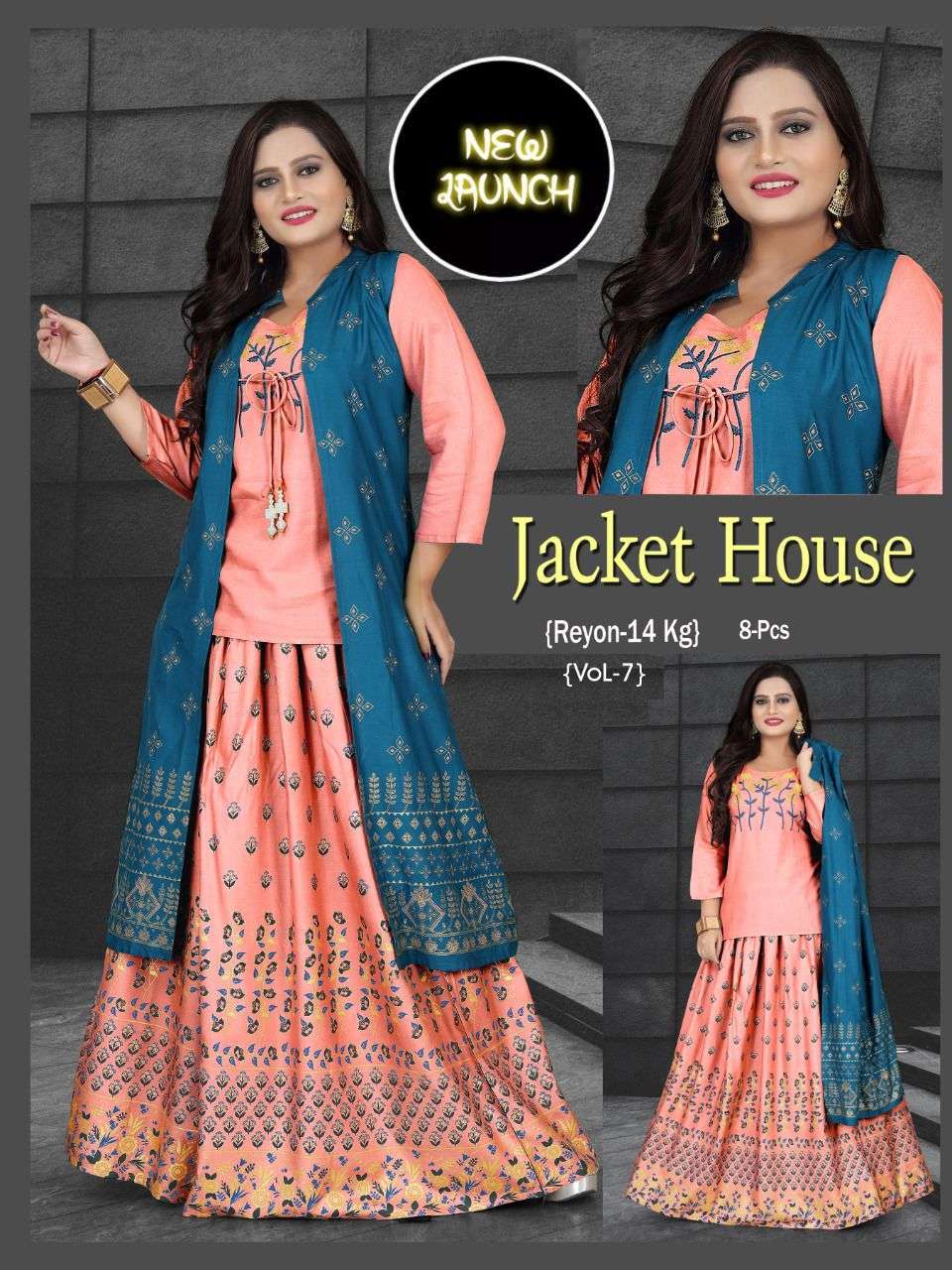  NEW JACKET HOUSE VOL.7 RAYON 14 KG BLOCK WORK JACKET WITH EMBROIDERED KURTI AND BLOCK WORK SHARARA KURTI CATALOG WHOLESALER BEST RATE
