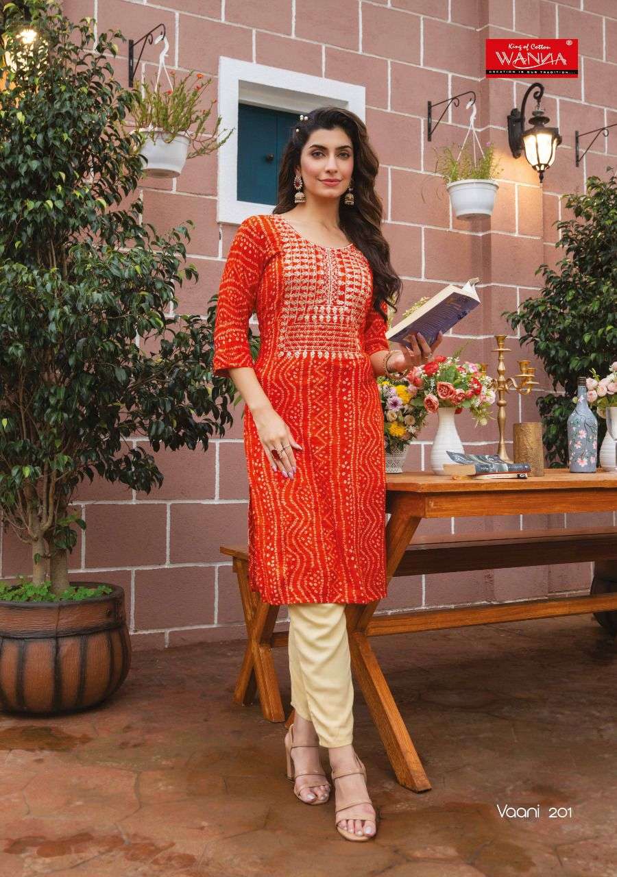 Wanna®️ Product  Launch New Super Fancy Rayon Bandhani Print Kurti Catalogue Vaani 