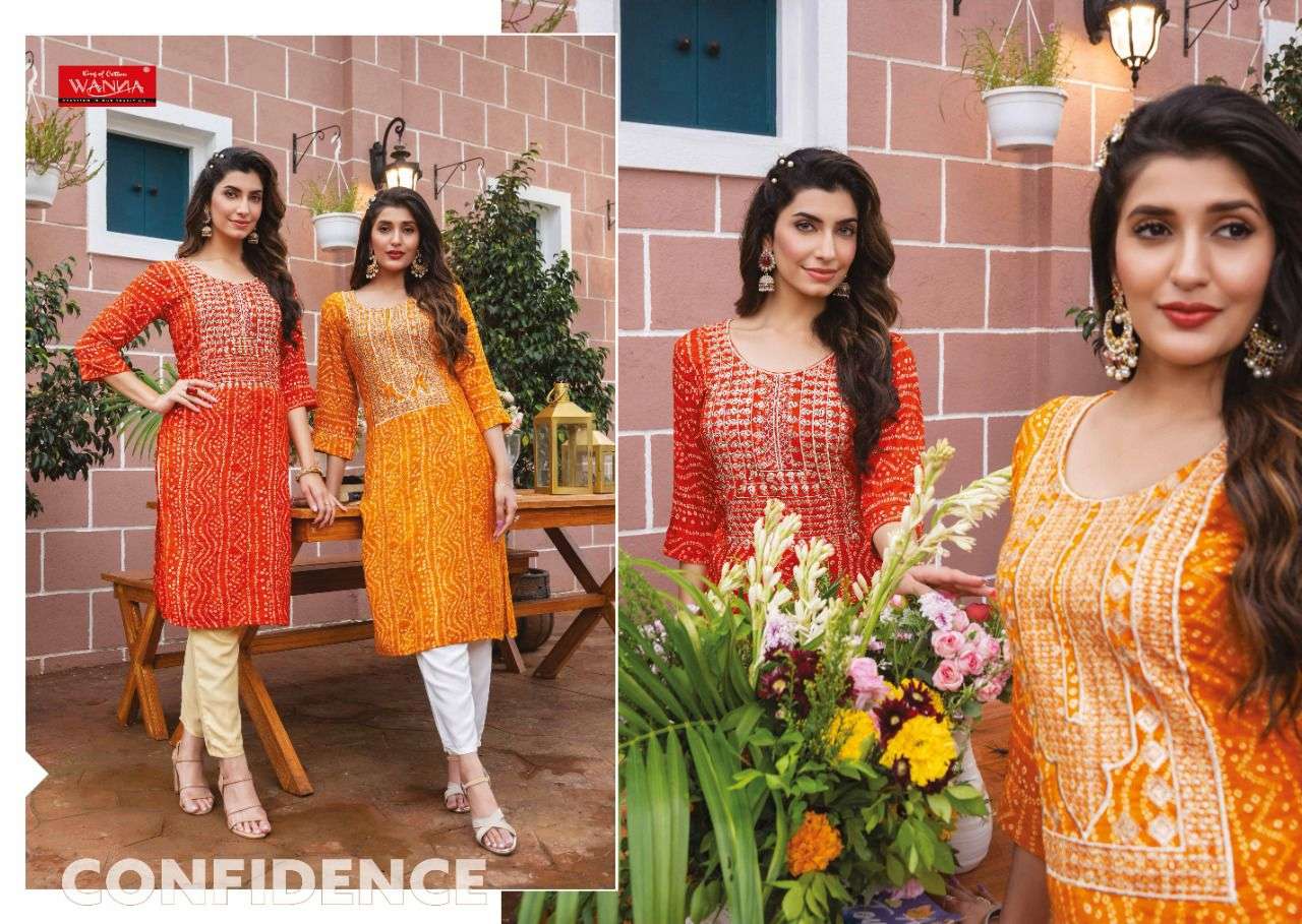 Wanna®️ Product  Launch New Super Fancy Rayon Bandhani Print Kurti Catalogue Vaani 
