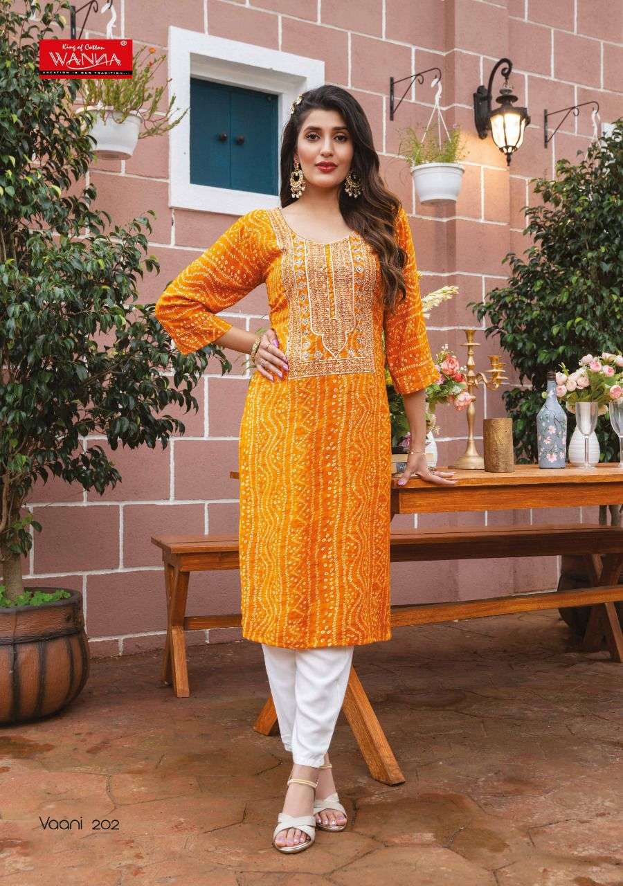 Wanna®️ Product  Launch New Super Fancy Rayon Bandhani Print Kurti Catalogue Vaani 