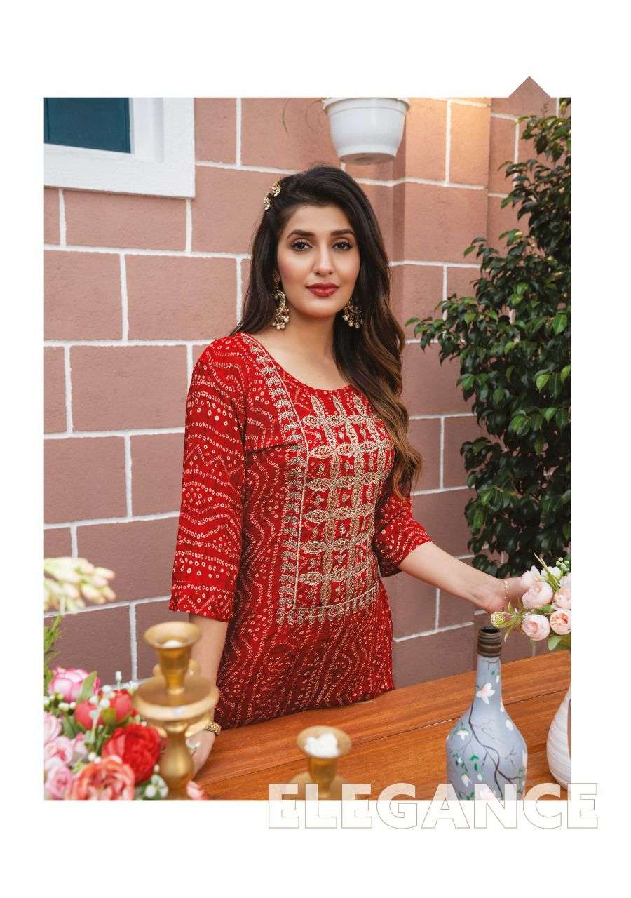 Wanna®️ Product  Launch New Super Fancy Rayon Bandhani Print Kurti Catalogue Vaani 