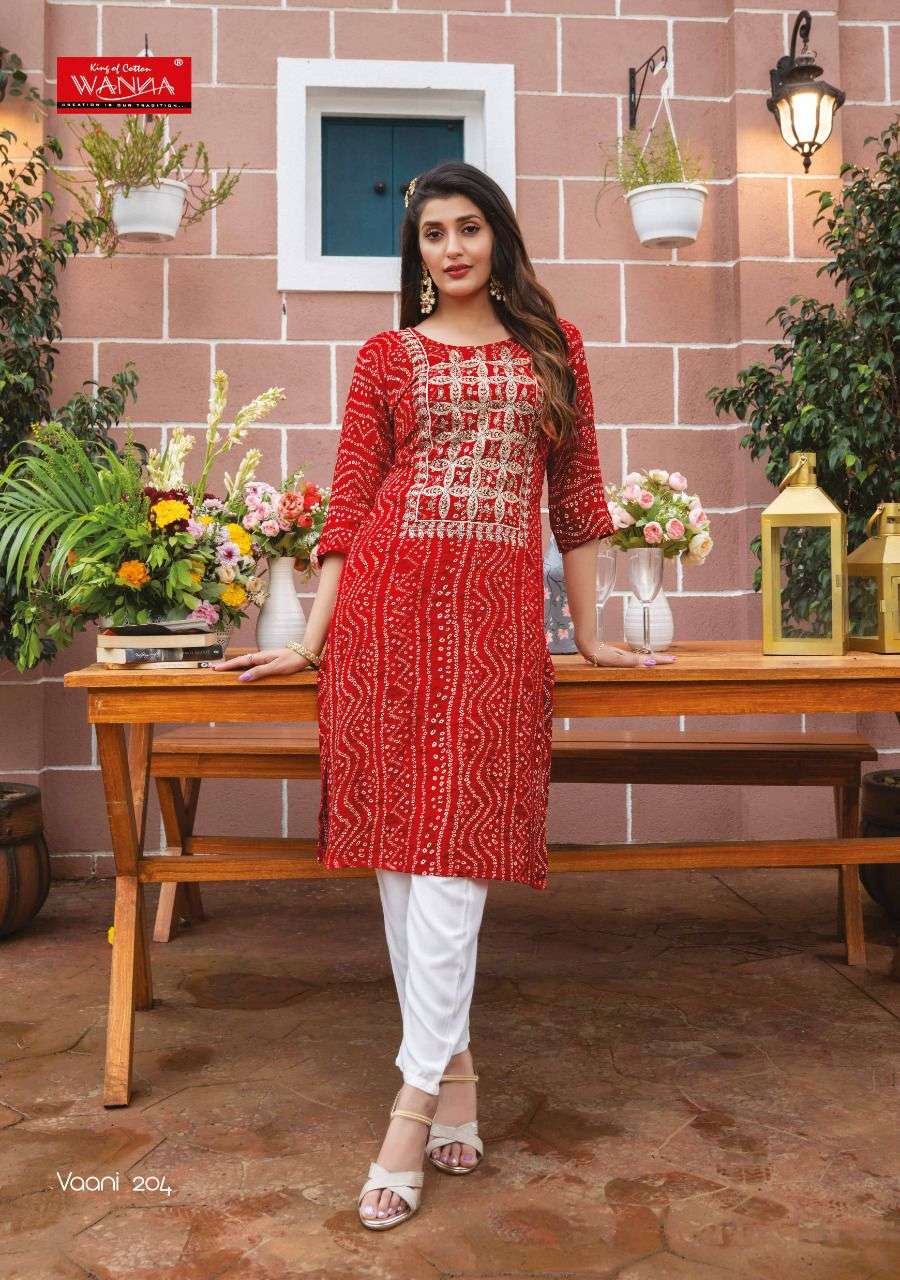 Wanna®️ Product  Launch New Super Fancy Rayon Bandhani Print Kurti Catalogue Vaani 