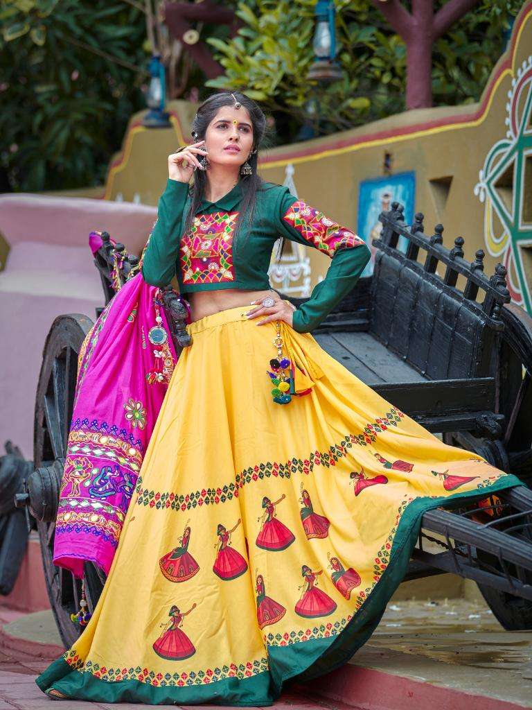 Corn Yellow Cotton Embroidered Designer Wholesale Lehenga Choli For Navratri