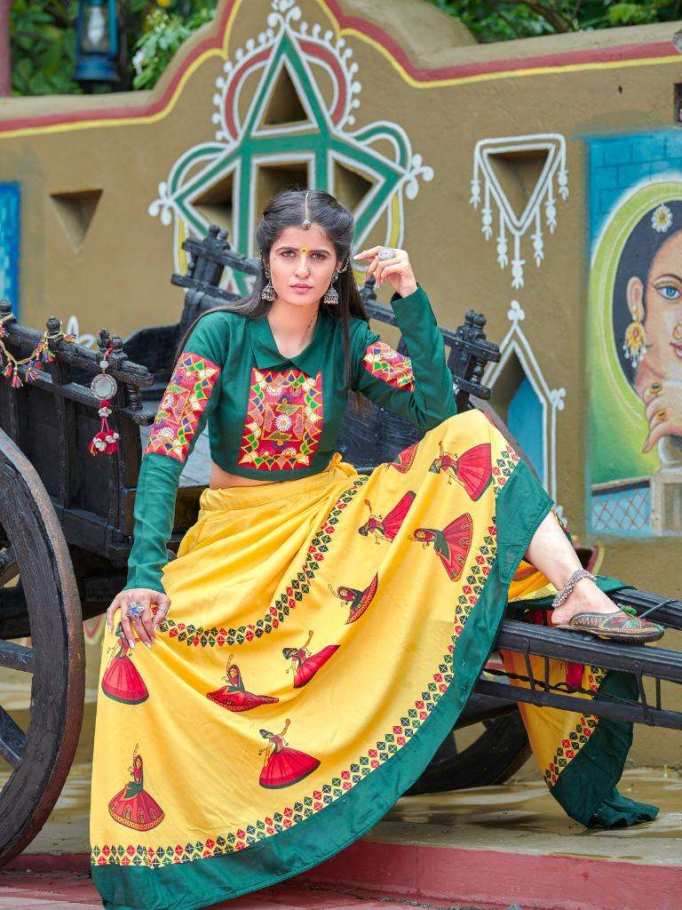 Corn Yellow Cotton Embroidered Designer Wholesale Lehenga Choli For Navratri