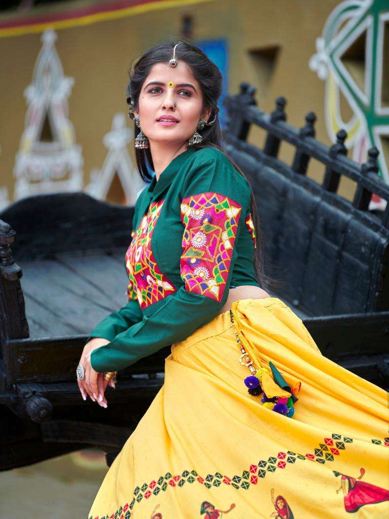 Corn Yellow Cotton Embroidered Designer Wholesale Lehenga Choli For Navratri