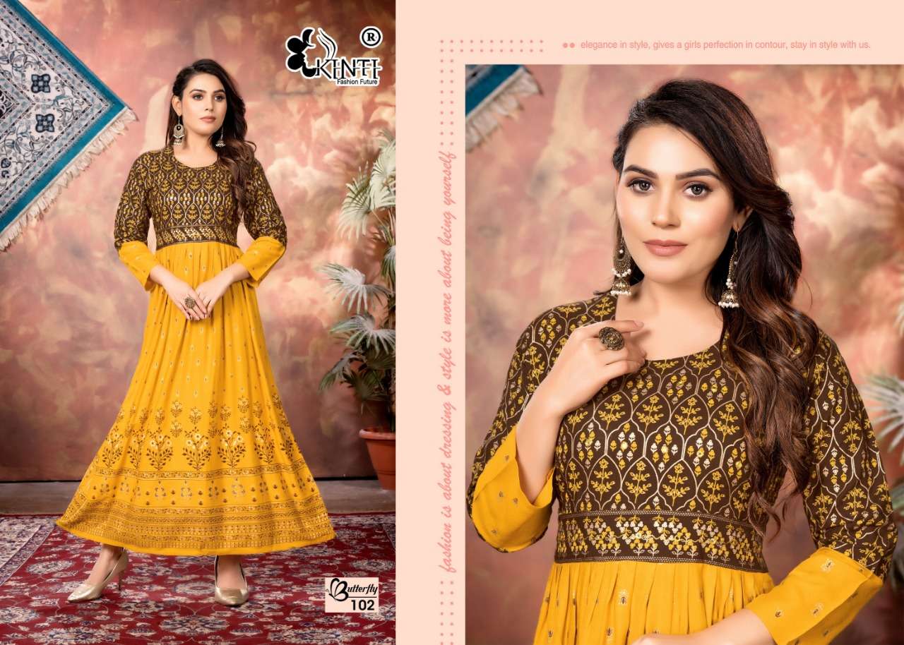 Kinti Butterfly Catalog Heavy Rayon Slub Print Long Kurtis Wholesale