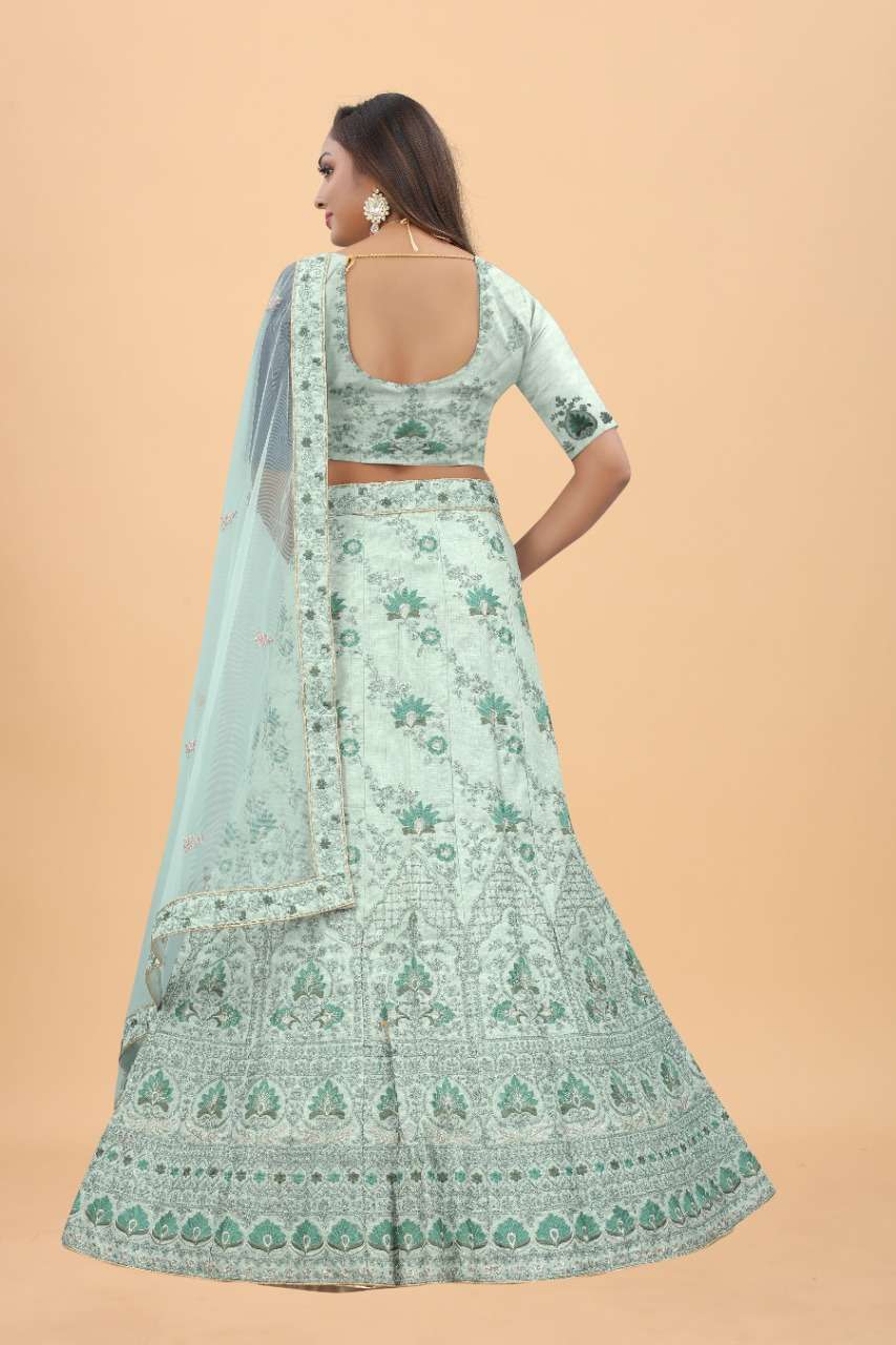 Light Pista Exclusive Wear Silk Embroidered Lehenga Choli Wholesale