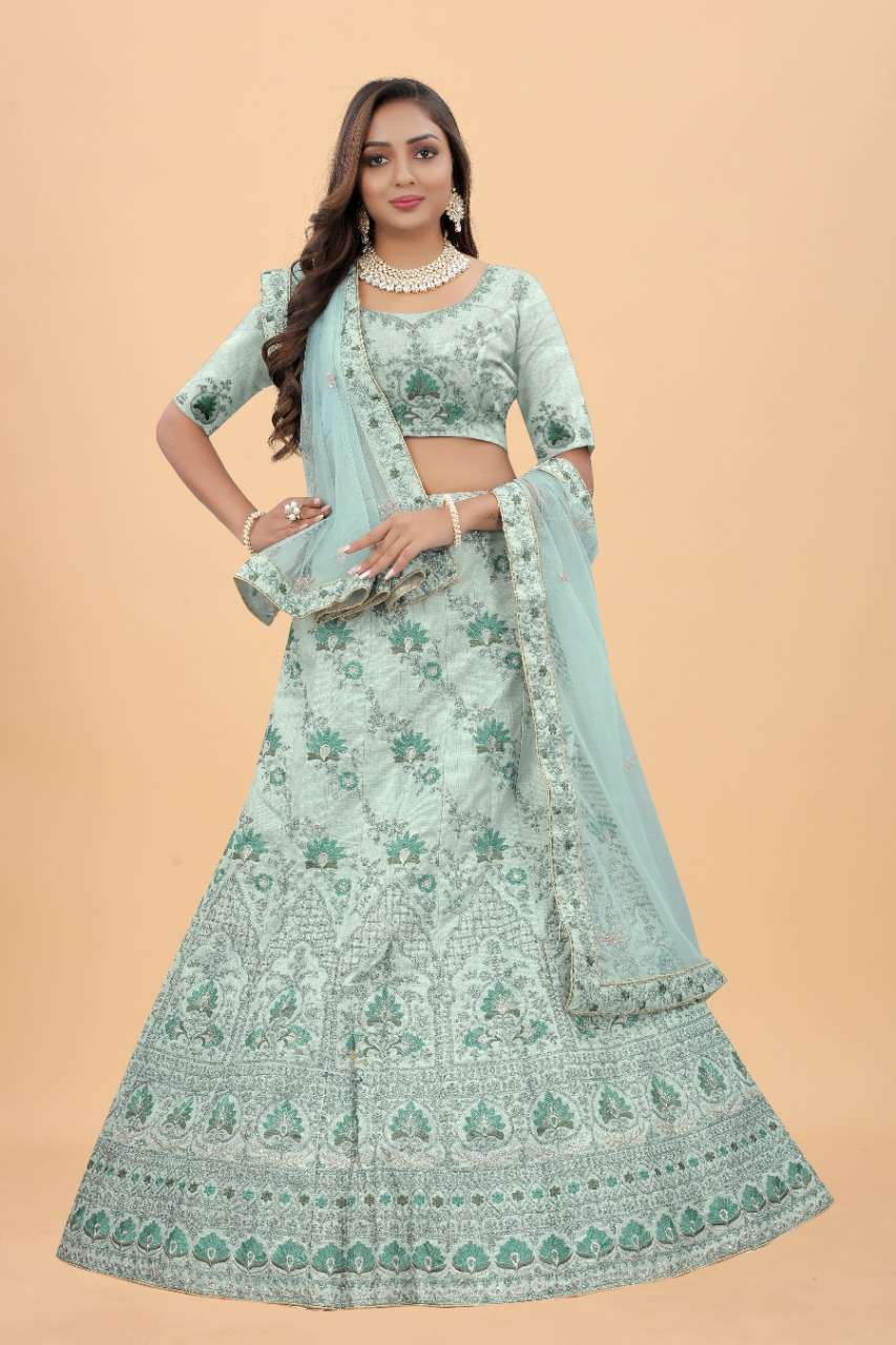 Light Pista Exclusive Wear Silk Embroidered Lehenga Choli Wholesale