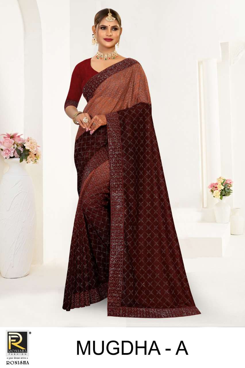 Ronisha Mugdha Catalog Rasal Lycra Swarovski Diamond Border Embroidery Worked Sarees Wholesale