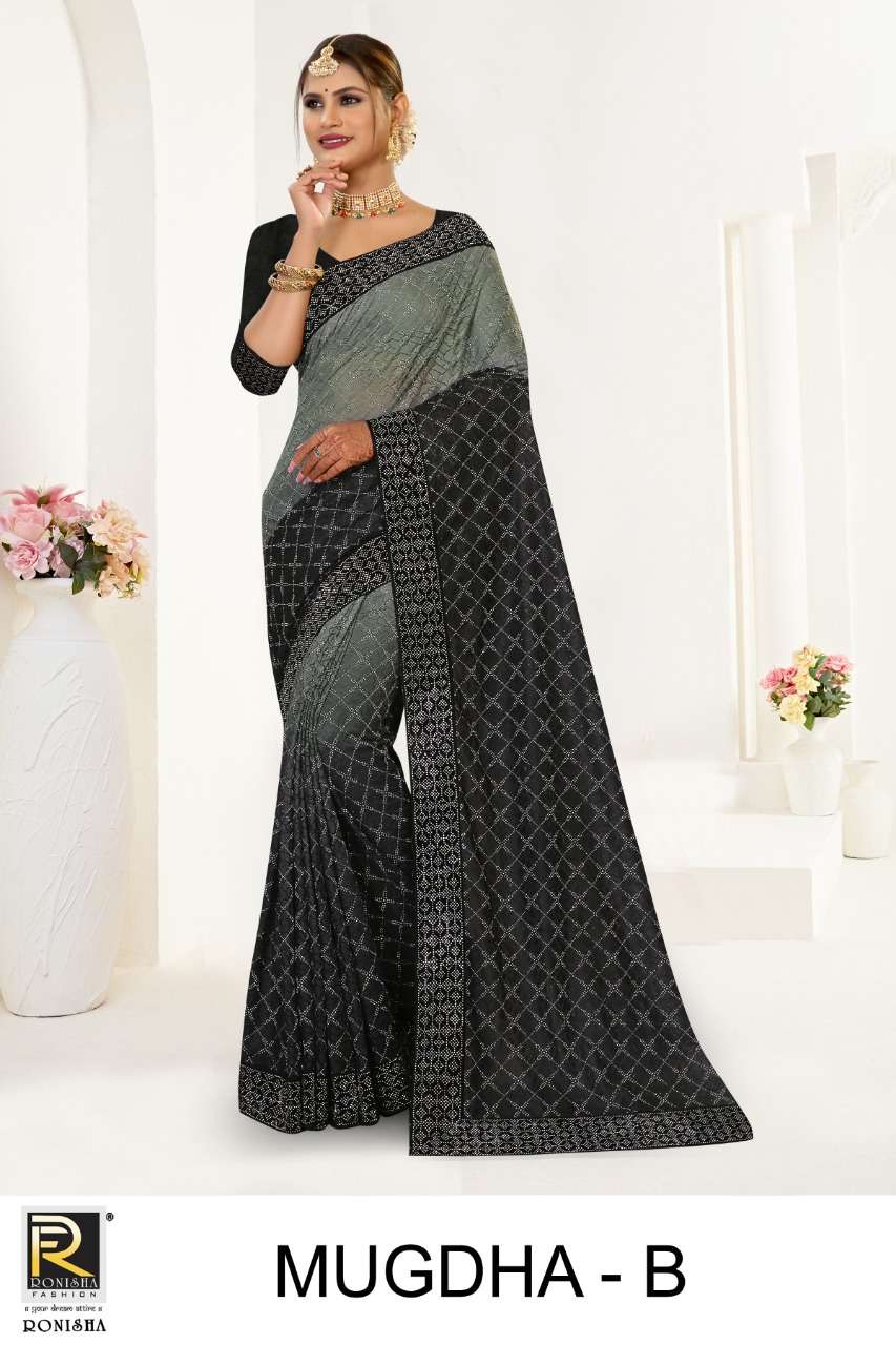 Ronisha Mugdha Catalog Rasal Lycra Swarovski Diamond Border Embroidery Worked Sarees Wholesale