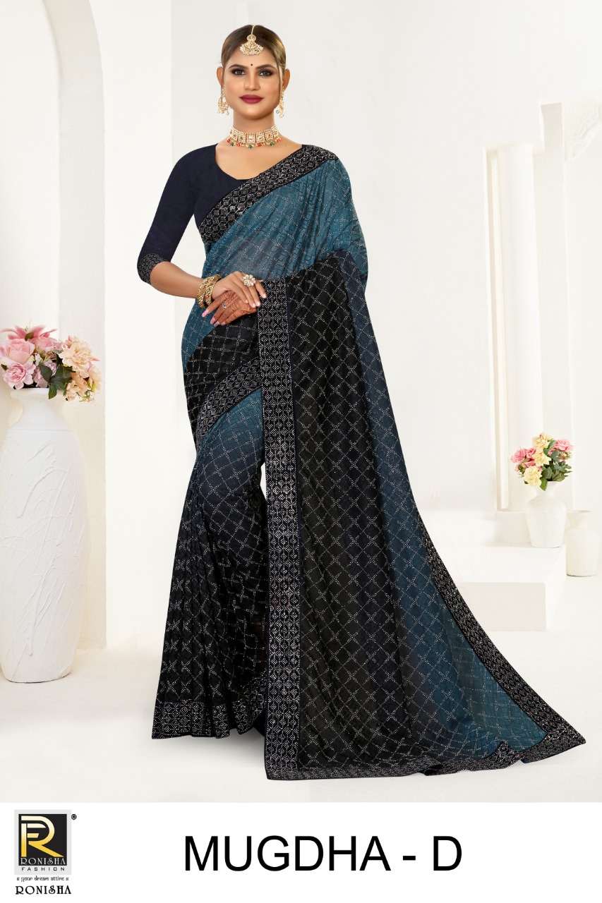 Ronisha Mugdha Catalog Rasal Lycra Swarovski Diamond Border Embroidery Worked Sarees Wholesale