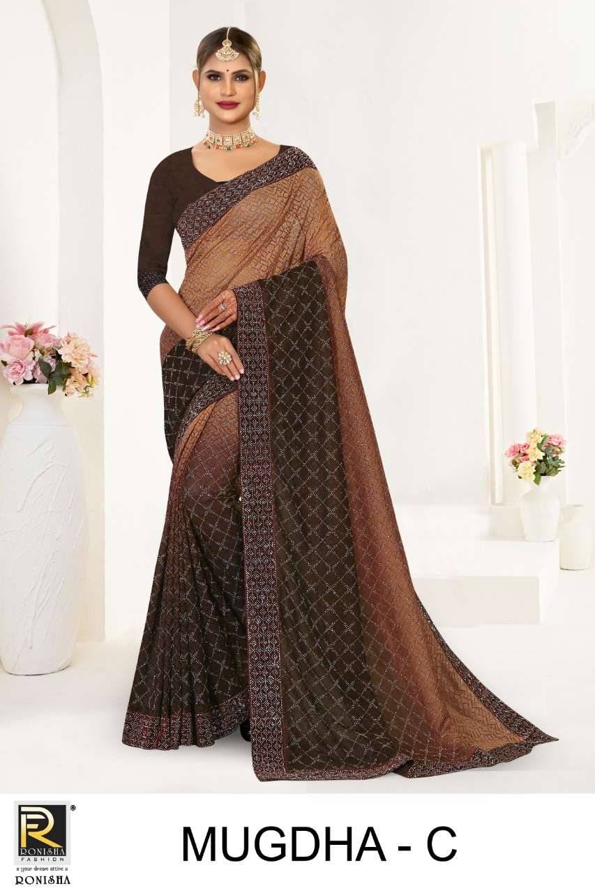 Ronisha Mugdha Catalog Rasal Lycra Swarovski Diamond Border Embroidery Worked Sarees Wholesale