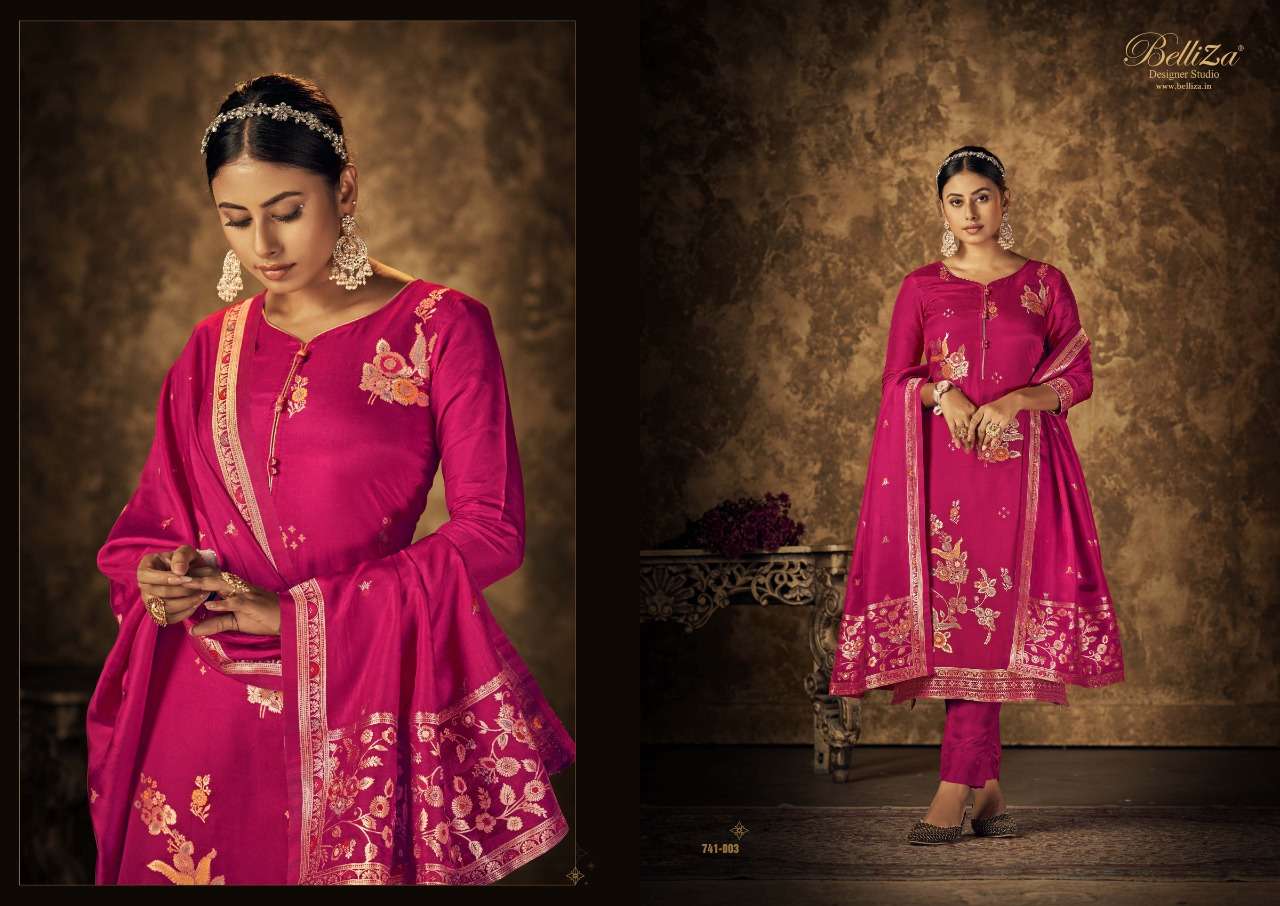 Belliza Saraang Catalog Viscose Dola Silk Meena Jacquard Dress Materials Wholesale
