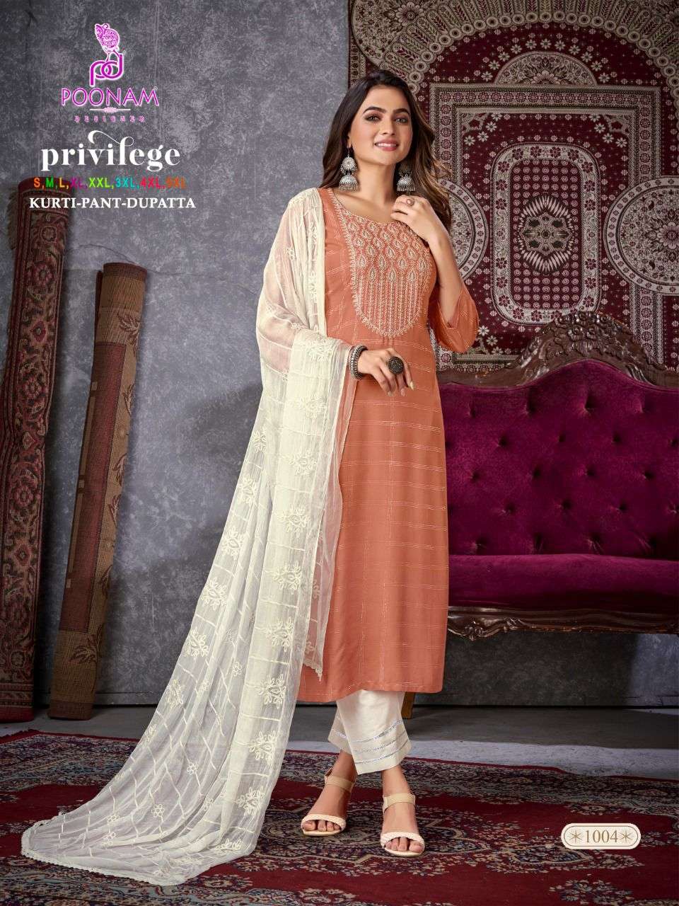 Poonam Privilege Catalog Festive Wear Kurti Pant With Dupatta Wholesale