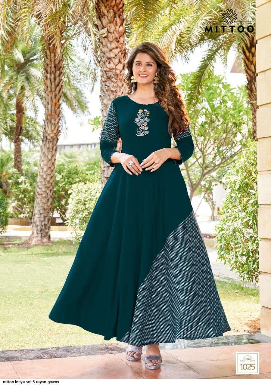 MITTOO LEHRIYA VOL 5 STYLISH EMBROIDERY HEAVY RAYON  PRINT GOWNS