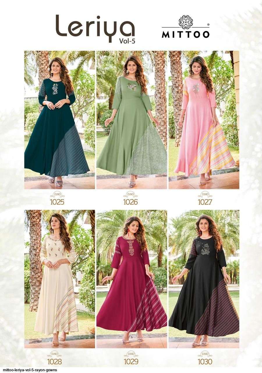 MITTOO LEHRIYA VOL 5 STYLISH EMBROIDERY HEAVY RAYON  PRINT GOWNS