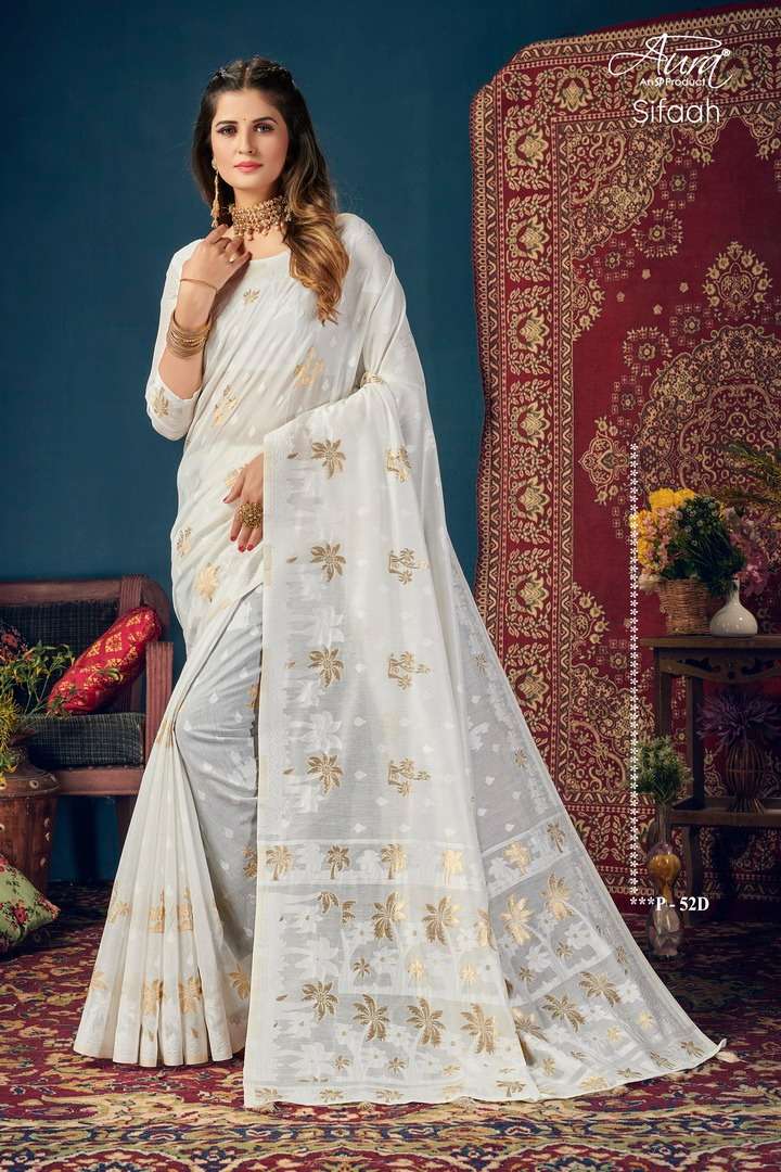AURA PRESENT SIFAAH SILK SOFT COTTON GOLDEN JARI BUTTA AND WORK ON WHOLESALE