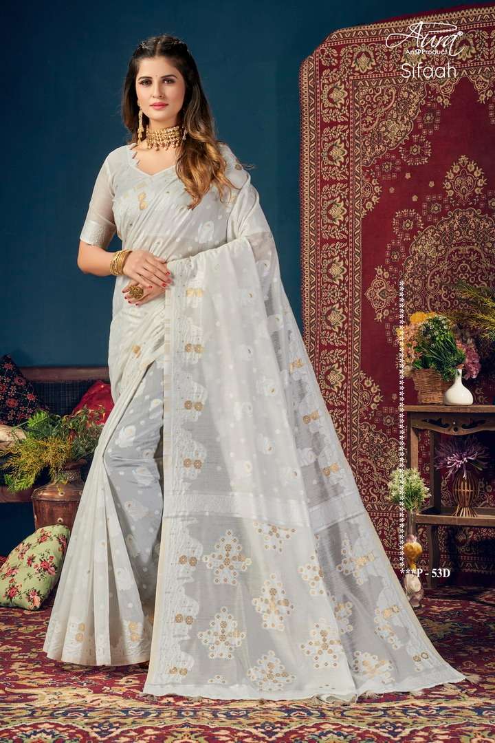 AURA PRESENT SIFAAH SILK SOFT COTTON GOLDEN JARI BUTTA AND WORK ON WHOLESALE