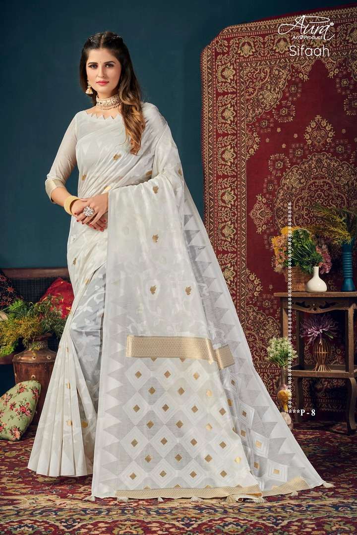 AURA PRESENT SIFAAH SILK SOFT COTTON GOLDEN JARI BUTTA AND WORK ON WHOLESALE