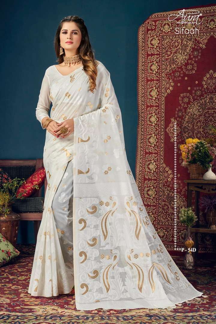 AURA PRESENT SIFAAH SILK SOFT COTTON GOLDEN JARI BUTTA AND WORK ON WHOLESALE
