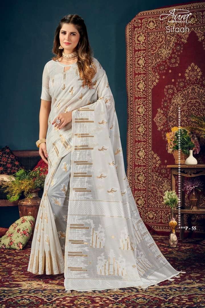 AURA PRESENT SIFAAH SILK SOFT COTTON GOLDEN JARI BUTTA AND WORK ON WHOLESALE