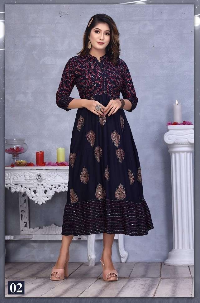 GOLDEN MOMENTS PRESENT HEAVY REYON PRINTED AND STYLISH FLAIR KURTI ON WHOLESALE