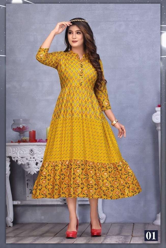 GOLDEN MOMENTS PRESENT HEAVY REYON PRINTED AND STYLISH FLAIR KURTI ON WHOLESALE