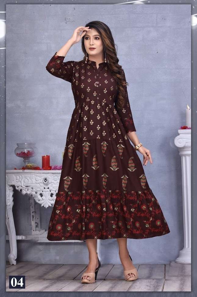 GOLDEN MOMENTS PRESENT HEAVY REYON PRINTED AND STYLISH FLAIR KURTI ON WHOLESALE