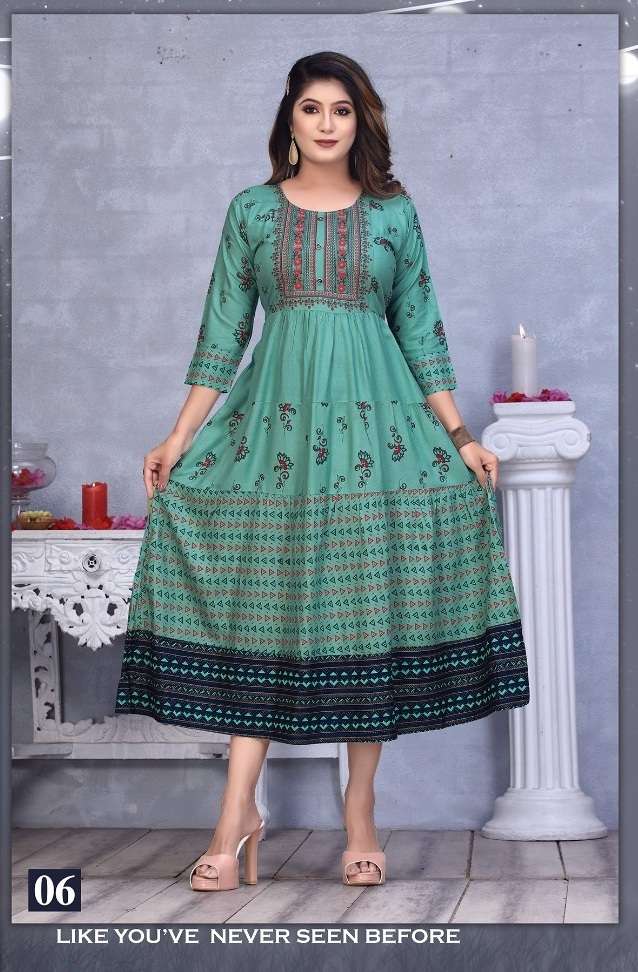 GOLDEN MOMENTS PRESENT HEAVY REYON PRINTED AND STYLISH FLAIR KURTI ON WHOLESALE