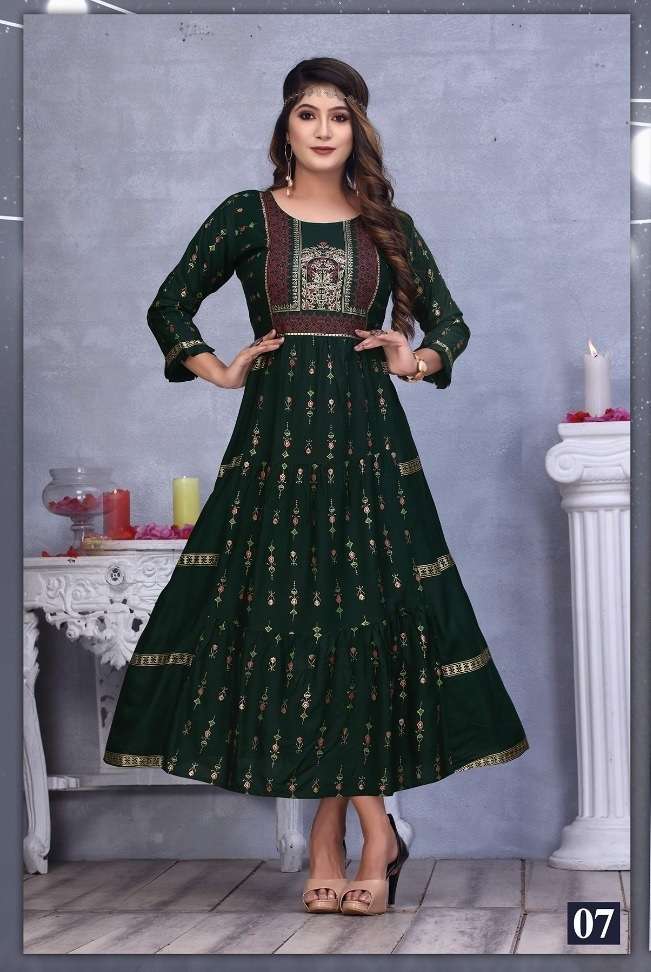 GOLDEN MOMENTS PRESENT HEAVY REYON PRINTED AND STYLISH FLAIR KURTI ON WHOLESALE