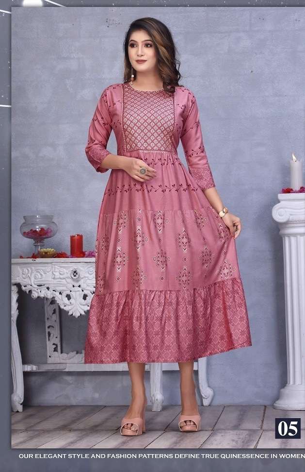 GOLDEN MOMENTS PRESENT HEAVY REYON PRINTED AND STYLISH FLAIR KURTI ON WHOLESALE